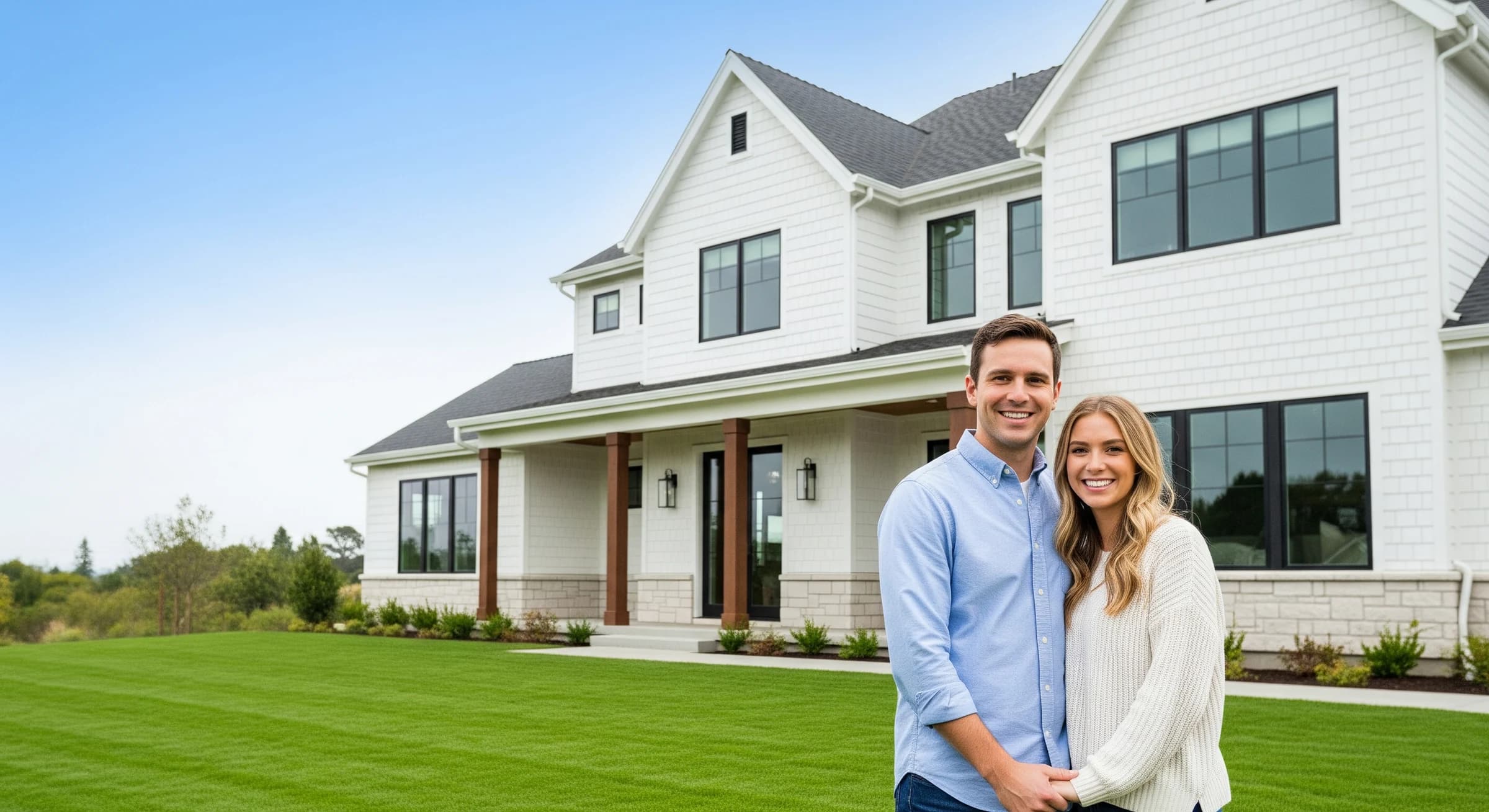 A happy couple standing on the lawn in front of a modern farmhouse-style home clad in white James Hardie fiber cement lap siding under a clear blue Northern California sky
