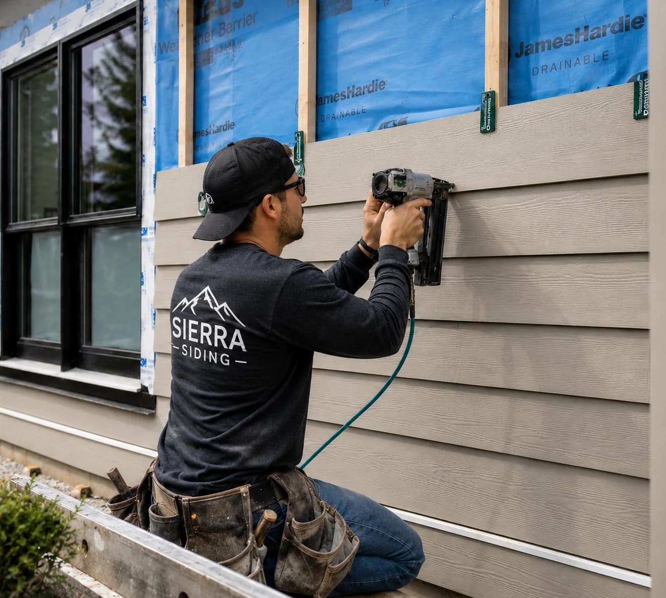 Sierra Siding installer fastening James Hardie fiber cement lap siding over a James Hardie Drainable weather barrier